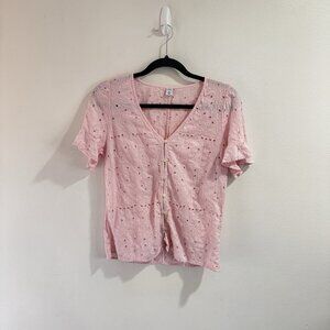 Old Navy Blouse M Pink Eyelet Lace Button Front V-neck Peasant Romantic Floral